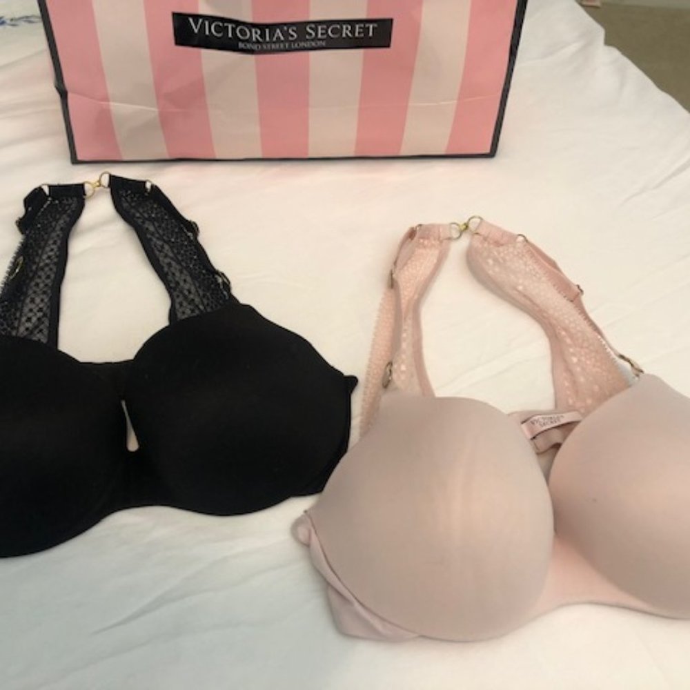 Two Victoria Secret Bras 36C Black and Nude Racer